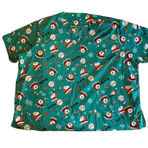 Festive Green Christmas Scrub Top With Santa & Snowflakes Print Nurse V Neck 2 P